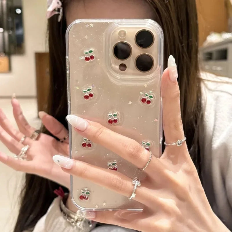 Cute Epoxy Cherry Glitter Clear Phone Case For iPhone 16 15 14 13 12 Pro Max Luxury Sequins Glitter Back Cover