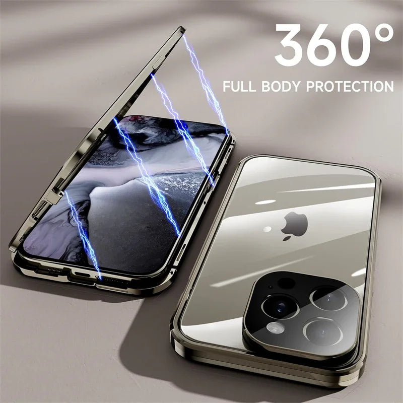 Magnetic Double Sided Tempered Glass Full Body Case for IPhone 15 14 13 12 Pro Max Plus Lens Protection Metal Bumper Cover