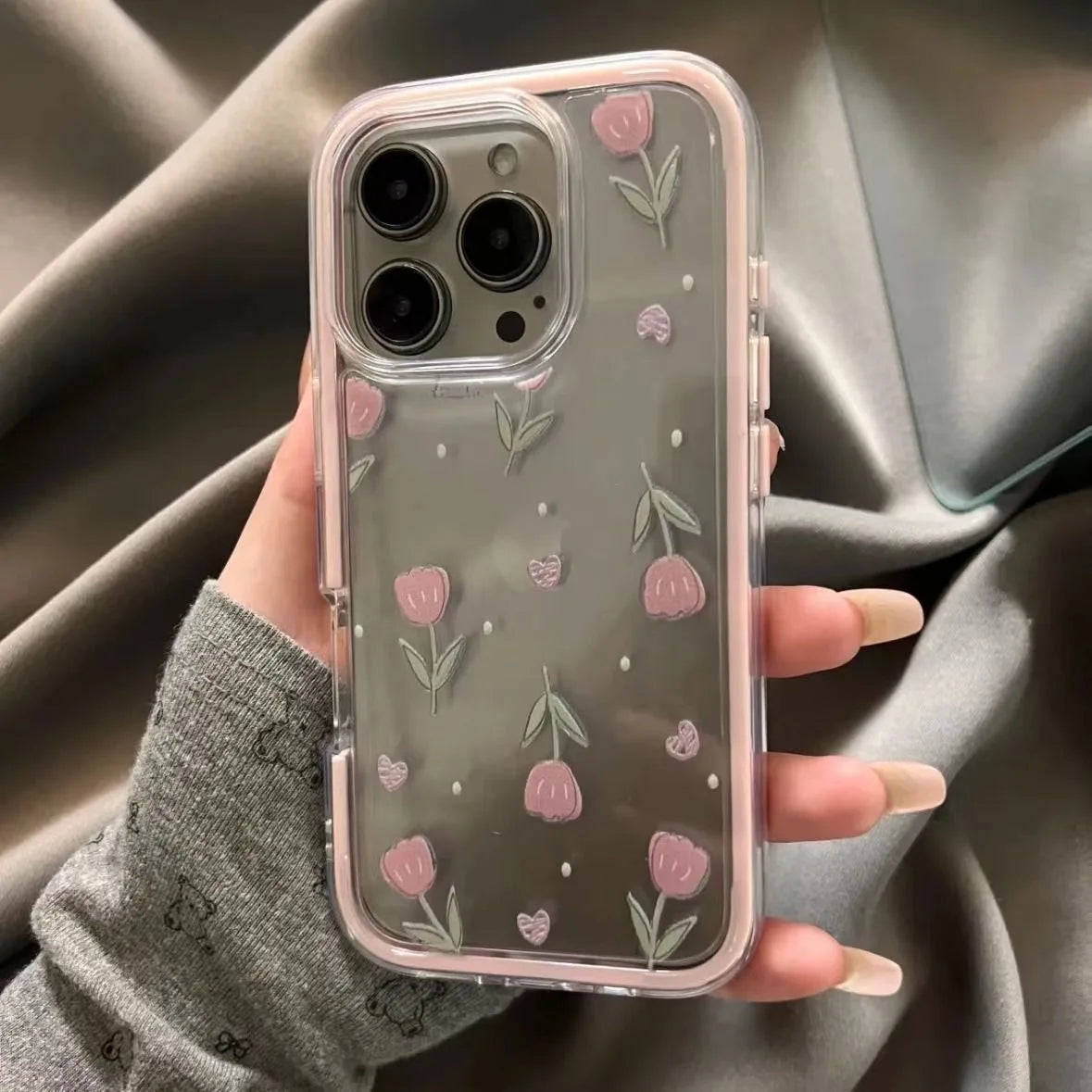 Luxury Tulips Flower Clear Phone Case For iPhone 16 15 14 13 12 Pro Max Pink Soft Transparent Shockproof Cover Conque