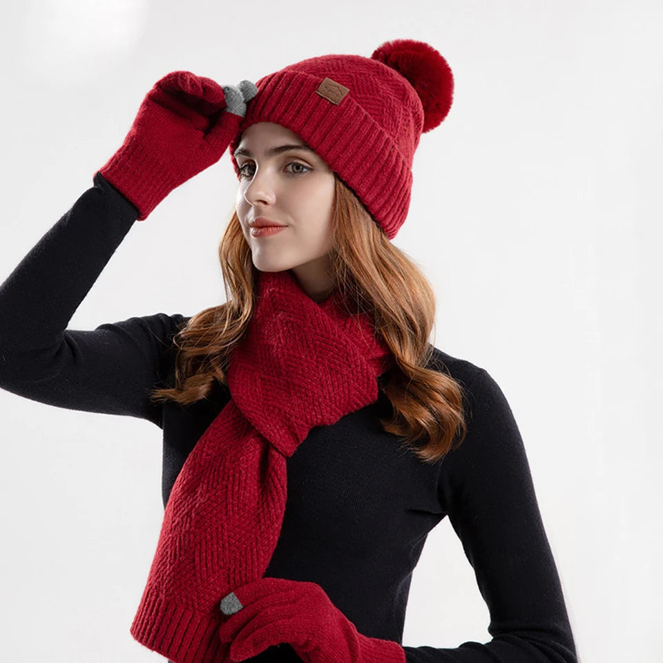 3Pcs/set Winter Beanie Hat Scarf Gloves Set