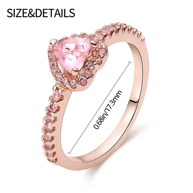 925 Sterling Silver Pink Heart Rose Flower Ring