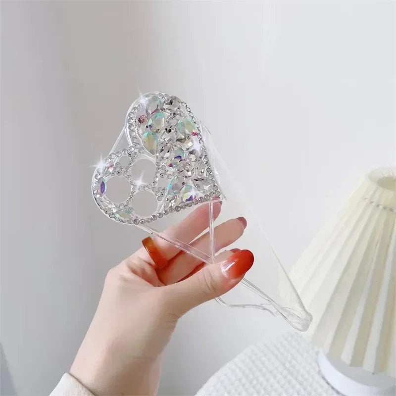Love Heart Rhinestone Protect Lens Phone Case For IPhone 16 15 14 13 12 Pro Xs Max TPU Shockproof Back Cover