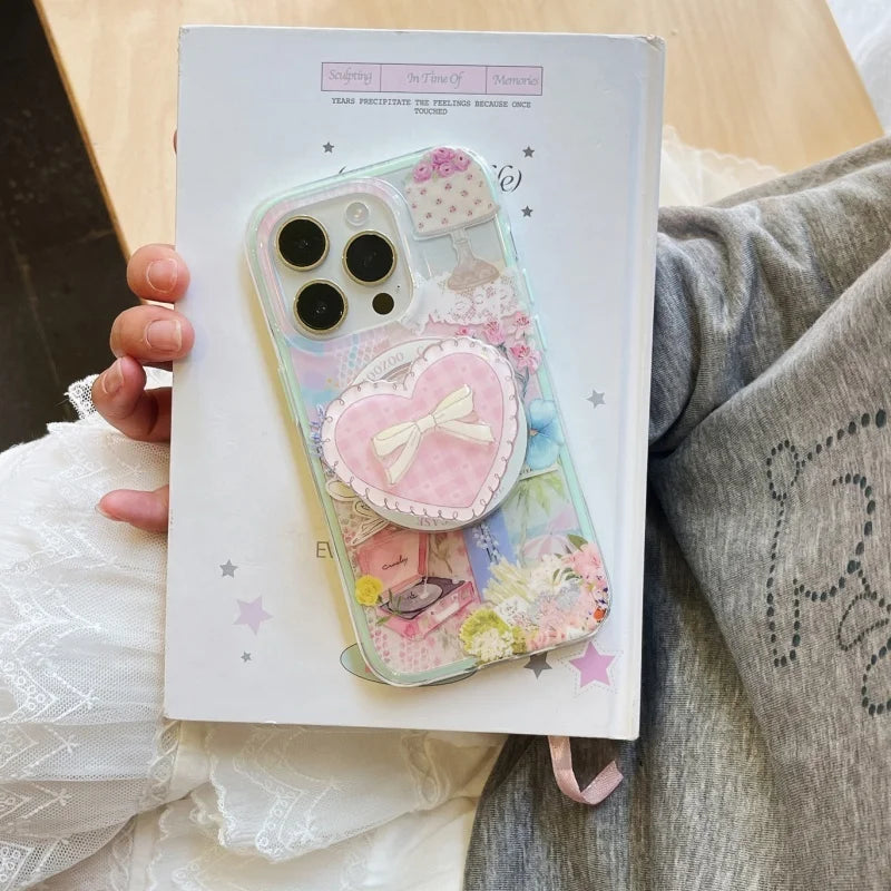 Magnetic Heart Arc Phone Grip Stand for IPhone 15 16 17 Magsafe Wireless Charging Case Holder Korean Cute Design