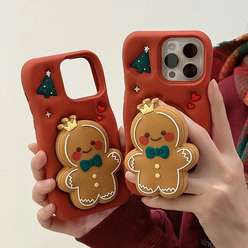 Red Christmas Gingerbread Man Folding Bracket Case For iPhone 11 12 13 15 16 Pro Max 14 Plus Soft Silicone 3D Holder Back Cover