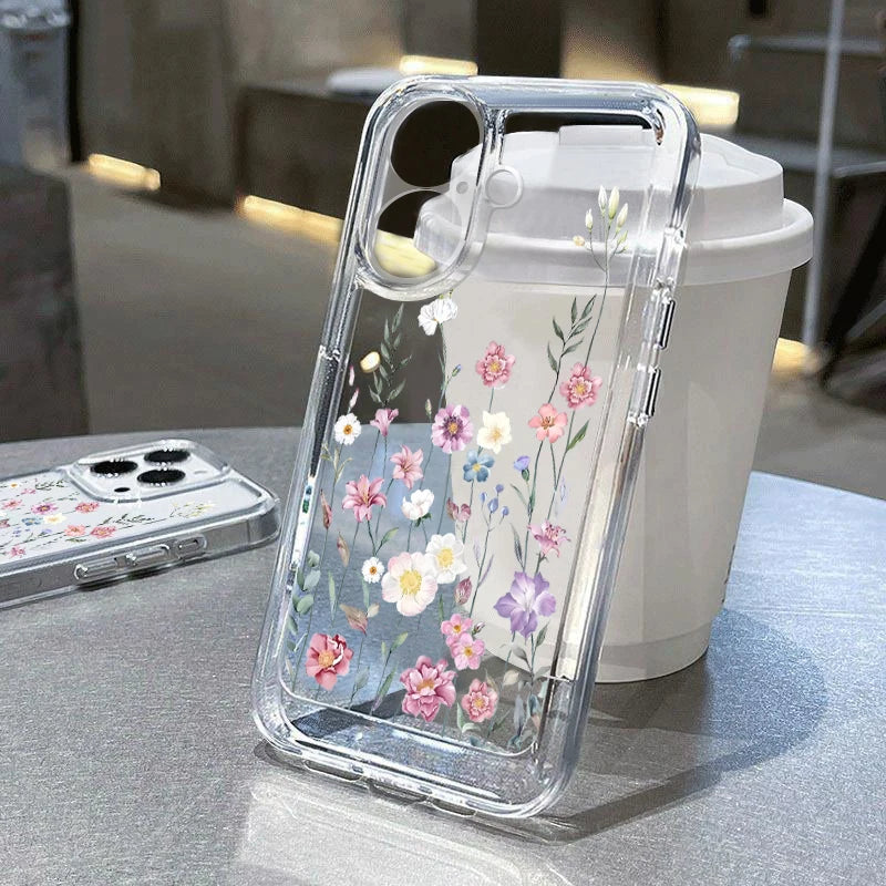 Flowers Printing Clear Phone Case For iPhone 16E 16 15 14 Pro Max 16 Plus 13 Pro Transparent Shockproof TPU Silicone Cover