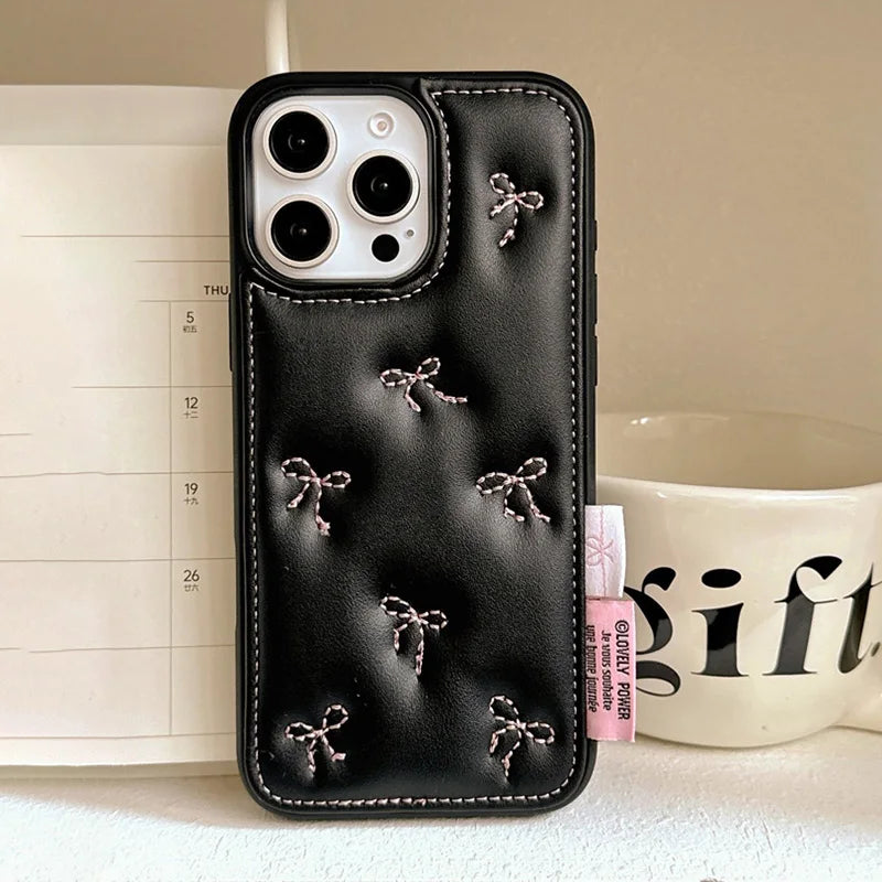Luxury Stylish Embroidery Bowknot Leather Soft Phone Case For iphone 16 15 14 13 Pro Max Autumn Fashion Shockproof Back Cover