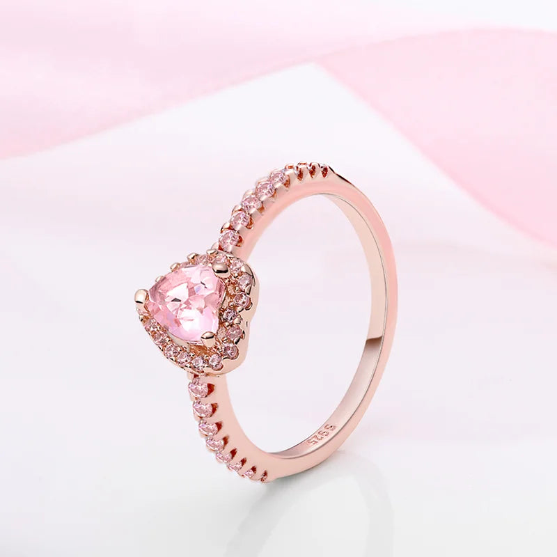 925 Sterling Silver Pink Heart Rose Flower Ring