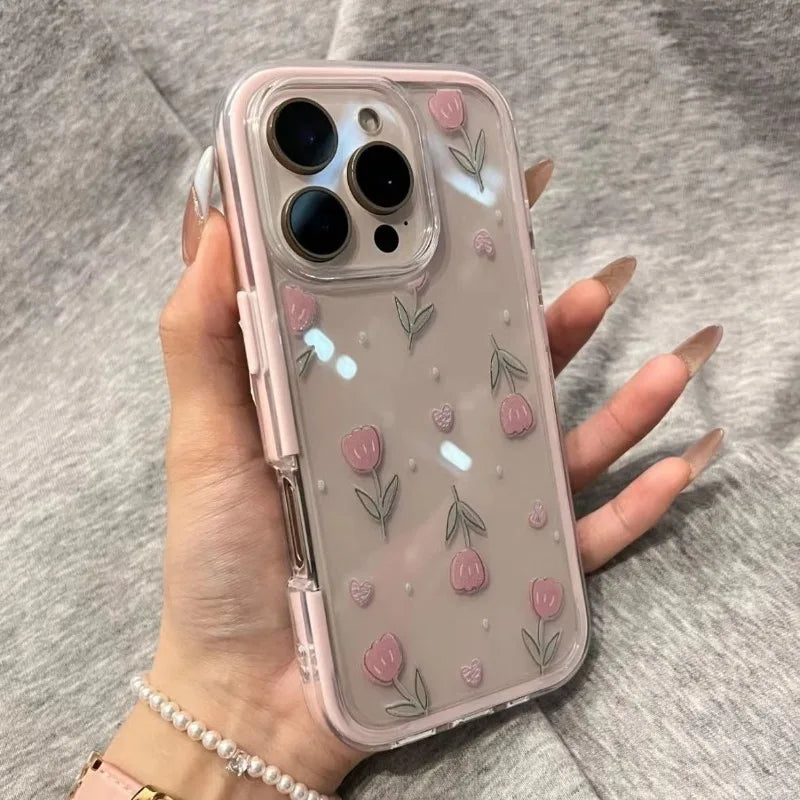 Luxury Tulips Flower Clear Phone Case For iPhone 16 15 14 13 12 Pro Max Pink Soft Transparent Shockproof Cover Conque