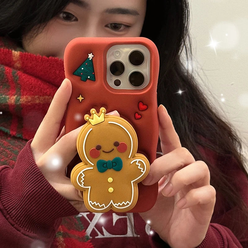 Red Christmas Gingerbread Man Folding Bracket Case For iPhone 11 12 13 15 16 Pro Max 14 Plus Soft Silicone 3D Holder Back Cover