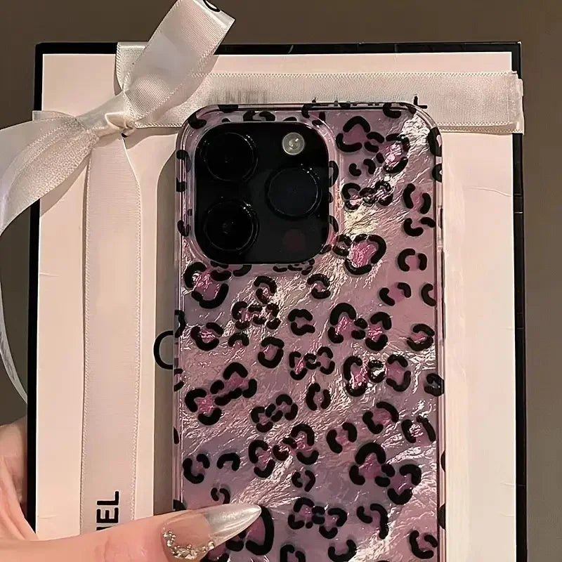Pink Leopard Print Phone Case for IPhone 16 17 15 14 Pro Max 13 12 11 Pro Max 16e 14 Plus XS XR X17 Air Tinfoil Pattern Cover