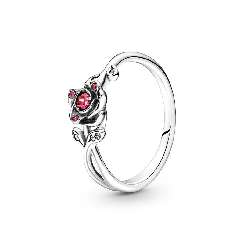 925 Sterling Silver Pink Heart Rose Flower Ring