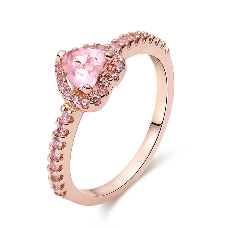 925 Sterling Silver Pink Heart Rose Flower Ring