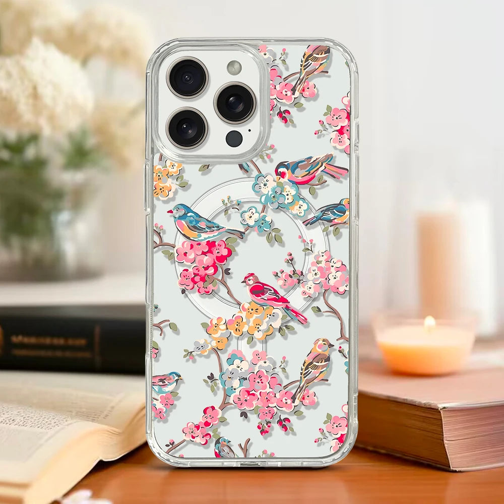 Flowers and Birds Magnetic Phone Case for iPhone 16 pro max 15 Plus 14 13 12 Mini Transparent Case