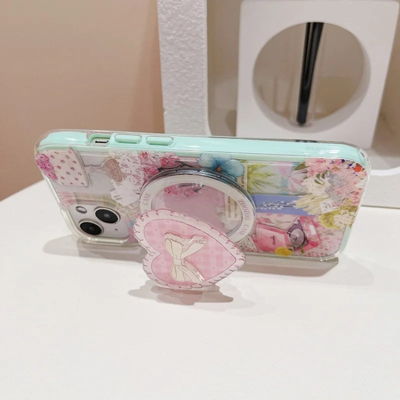 Magnetic Heart Arc Phone Grip Stand for IPhone 15 16 17 Magsafe Wireless Charging Case Holder Korean Cute Design