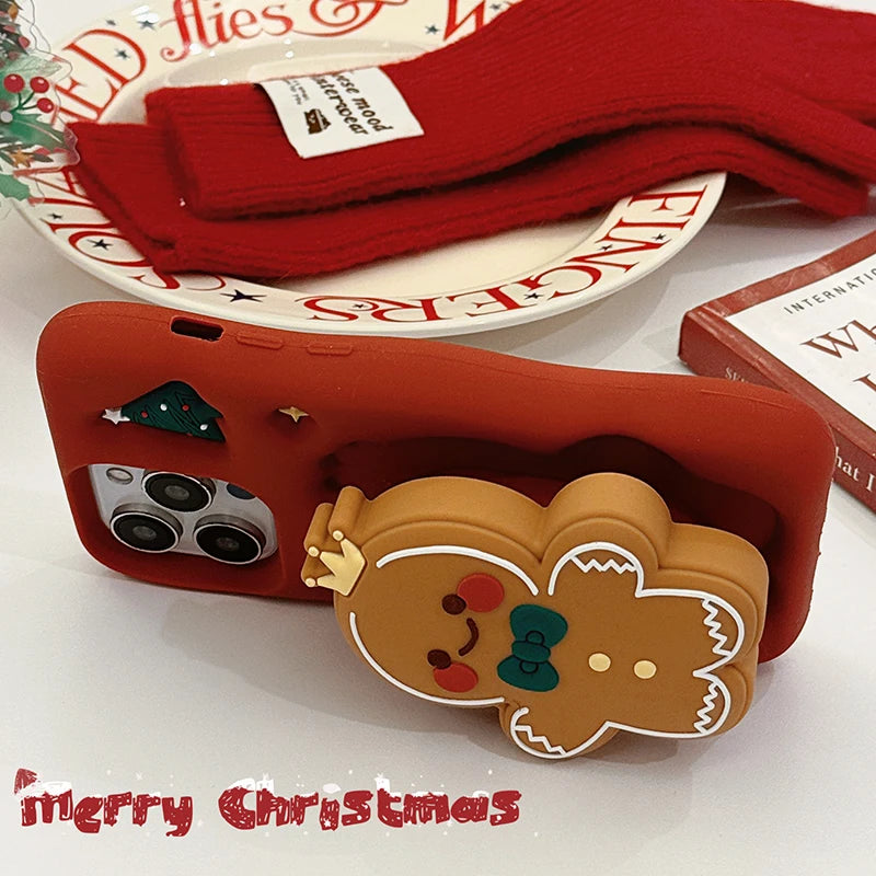 Red Christmas Gingerbread Man Folding Bracket Case For iPhone 11 12 13 15 16 Pro Max 14 Plus Soft Silicone 3D Holder Back Cover