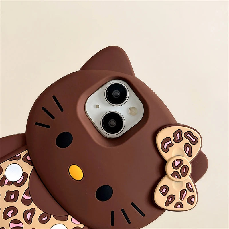 3D Cartoon Hello Kittty Phone Case for iPhone 16 Plus 15 14 13 12 Pro Max Sexy Leopard Print Bowknot Cases Soft Silicone Cover