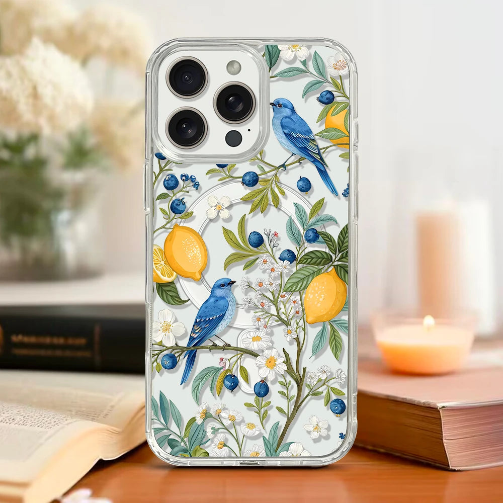 Flowers and Birds Magnetic Phone Case for iPhone 16 pro max 15 Plus 14 13 12 Mini Transparent Case