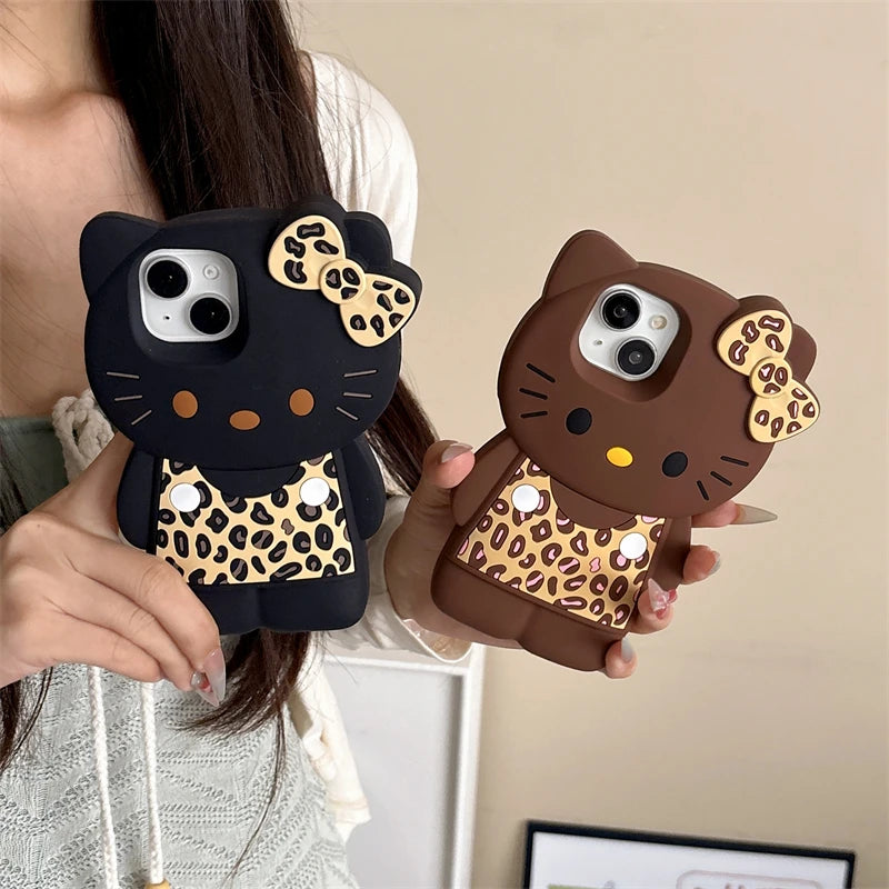 3D Cartoon Hello Kittty Phone Case for iPhone 16 Plus 15 14 13 12 Pro Max Sexy Leopard Print Bowknot Cases Soft Silicone Cover