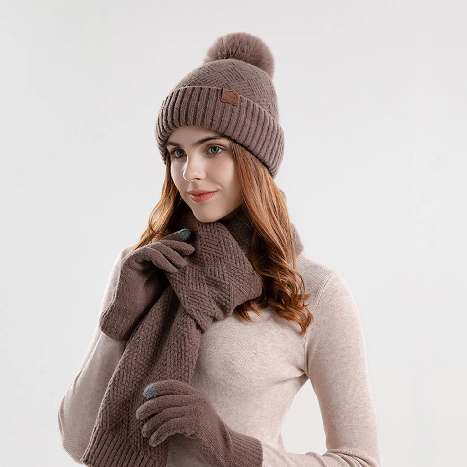 3Pcs/set Winter Beanie Hat Scarf Gloves Set