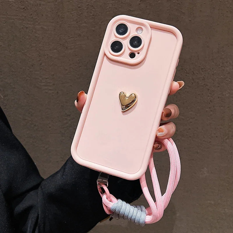 3D Gold Heart Soft Lanyard Rope Phone Case For iPhone 17 16 15 14 13 12 11 Pro Max X XS XR 7 8 Plus Hand Strap Shockproof Cover