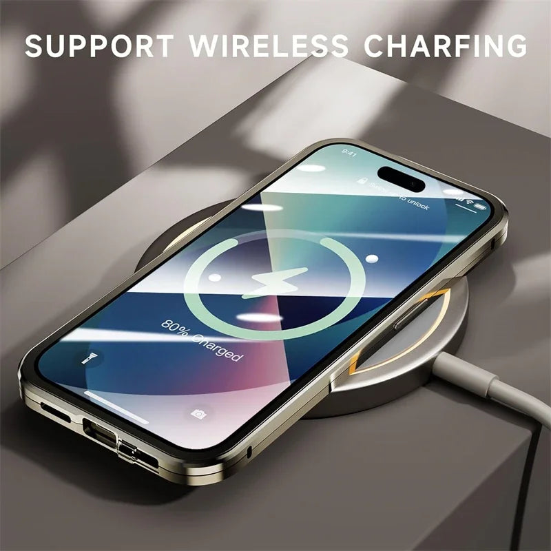 Magnetic Double Sided Tempered Glass Full Body Case for IPhone 15 14 13 12 Pro Max Plus Lens Protection Metal Bumper Cover