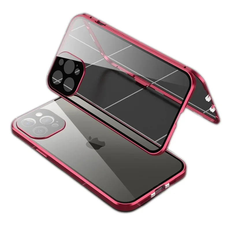 Magnetic Double Sided Tempered Glass Full Body Case for IPhone 15 14 13 12 Pro Max Plus Lens Protection Metal Bumper Cover