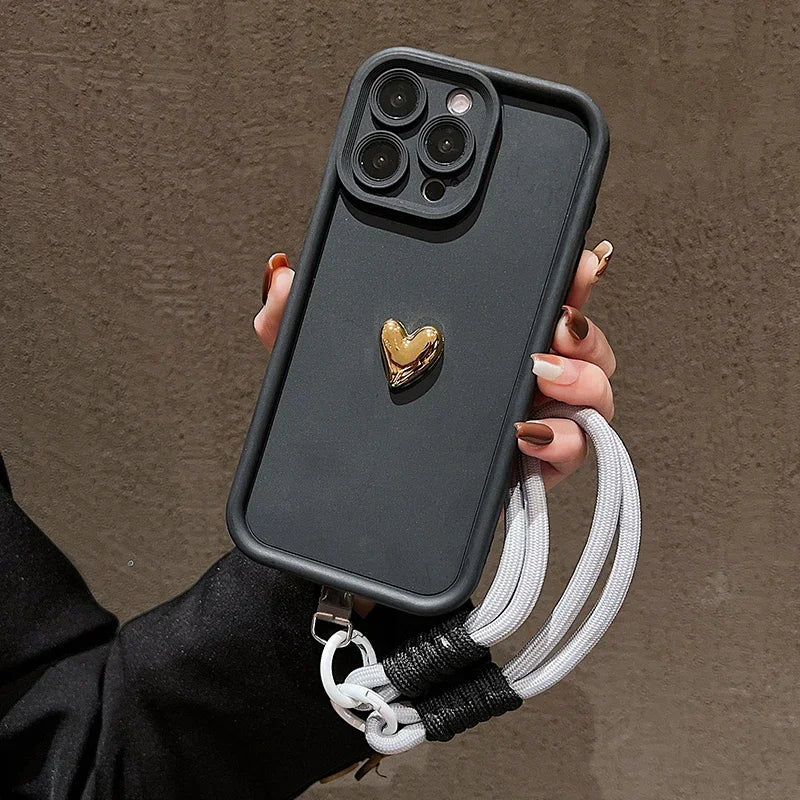 3D Gold Heart Soft Lanyard Rope Phone Case For iPhone 17 16 15 14 13 12 11 Pro Max X XS XR 7 8 Plus Hand Strap Shockproof Cover