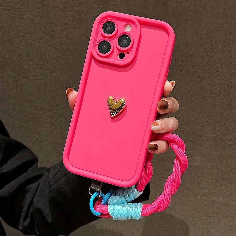 3D Gold Heart Soft Lanyard Rope Phone Case For iPhone 17 16 15 14 13 12 11 Pro Max X XS XR 7 8 Plus Hand Strap Shockproof Cover