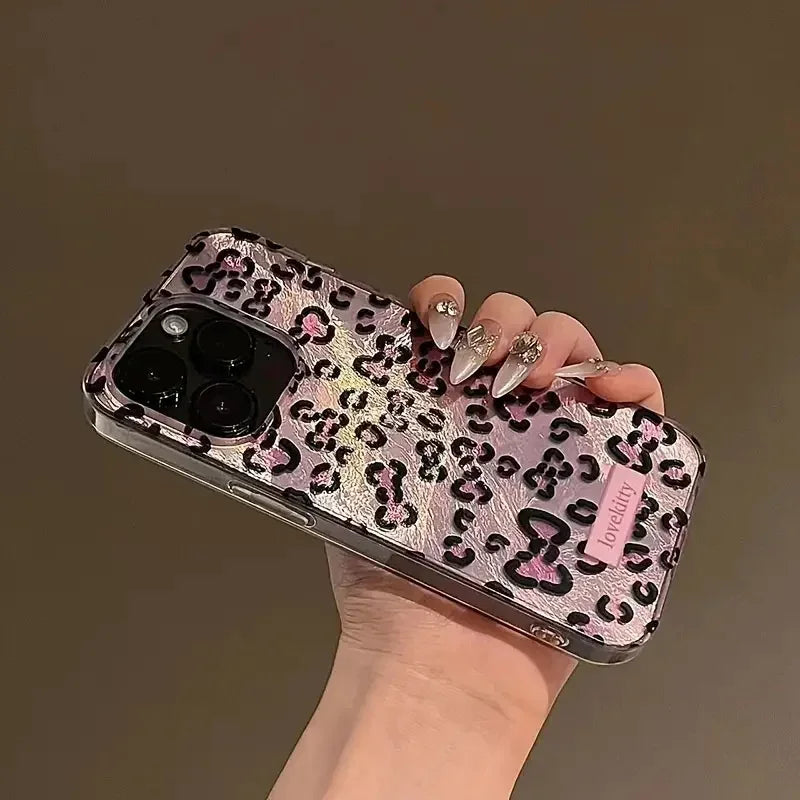 Pink Leopard Print Phone Case for IPhone 16 17 15 14 Pro Max 13 12 11 Pro Max 16e 14 Plus XS XR X17 Air Tinfoil Pattern Cover