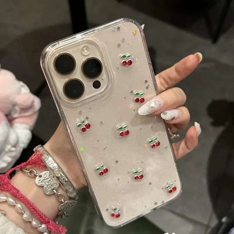 Cute Epoxy Cherry Glitter Clear Phone Case For iPhone 16 15 14 13 12 Pro Max Luxury Sequins Glitter Back Cover