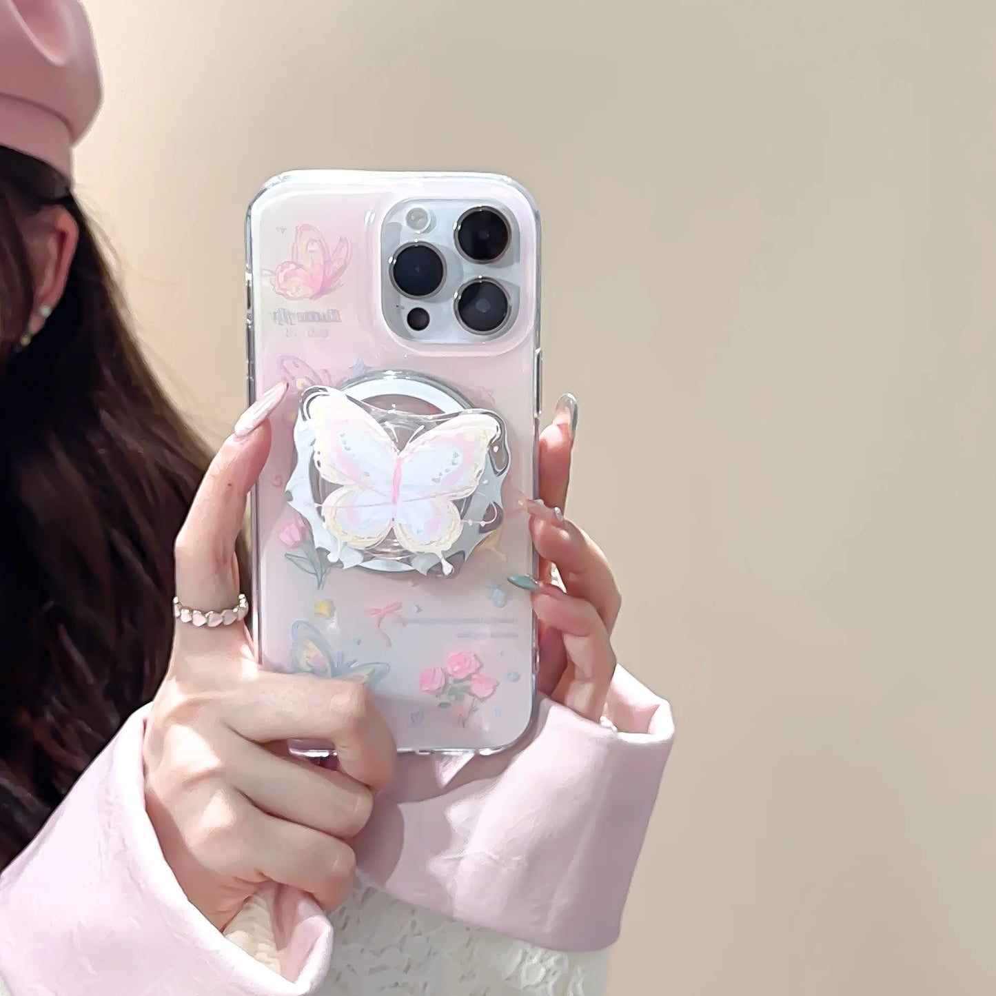 Magnetic rose butterfly phone case with holder For iPhone 11 12 13 14 15 16 17 Pro max