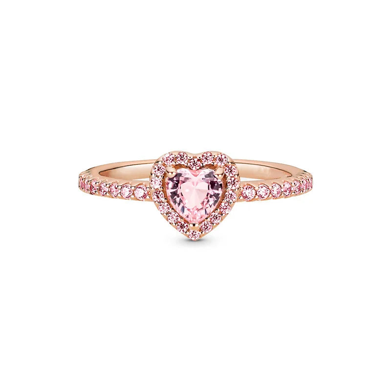 925 Sterling Silver Pink Heart Rose Flower Ring