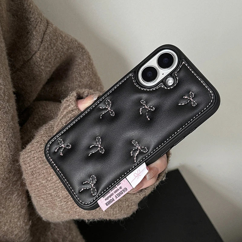 Luxury Stylish Embroidery Bowknot Leather Soft Phone Case For iphone 16 15 14 13 Pro Max Autumn Fashion Shockproof Back Cover