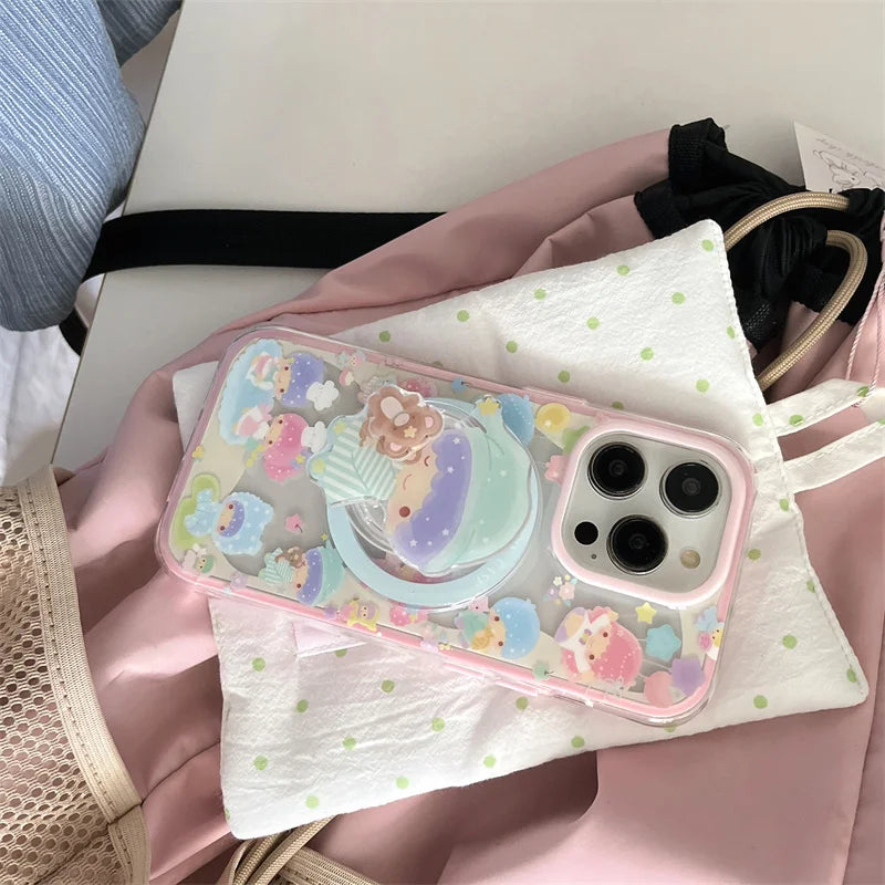 Kawaii Cartoon Magnetic Stand Phone Case For iPhone 16 Pro 15 14 13 Pro Max Cover for Magsafe Shockproof Silicone Cute Cases