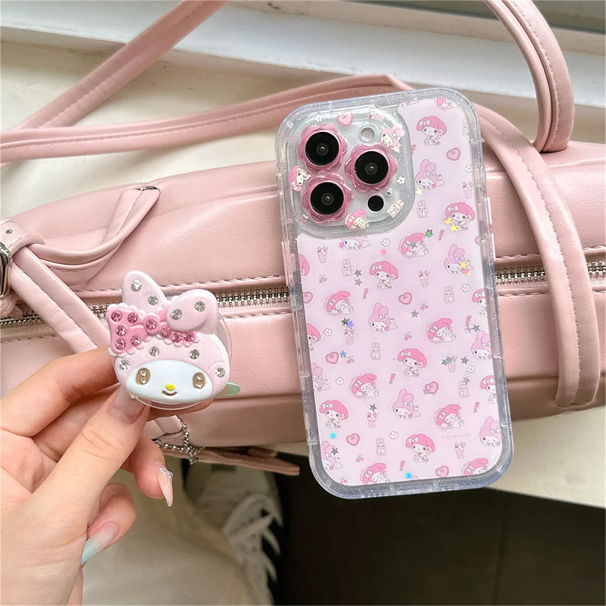 Cute Cartoon Pink Diamond Melody Magnetic Stand Case For iPhone 16 14 Pro 13 15 Pro Max Phone Cover For Magsafe Cases Funda