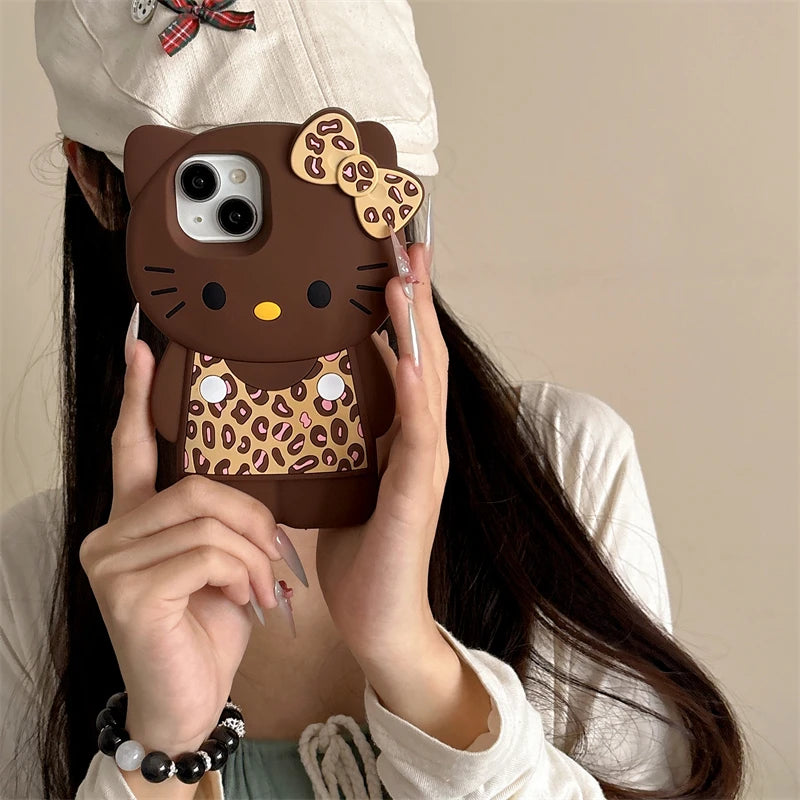 3D Cartoon Hello Kittty Phone Case for iPhone 16 Plus 15 14 13 12 Pro Max Sexy Leopard Print Bowknot Cases Soft Silicone Cover