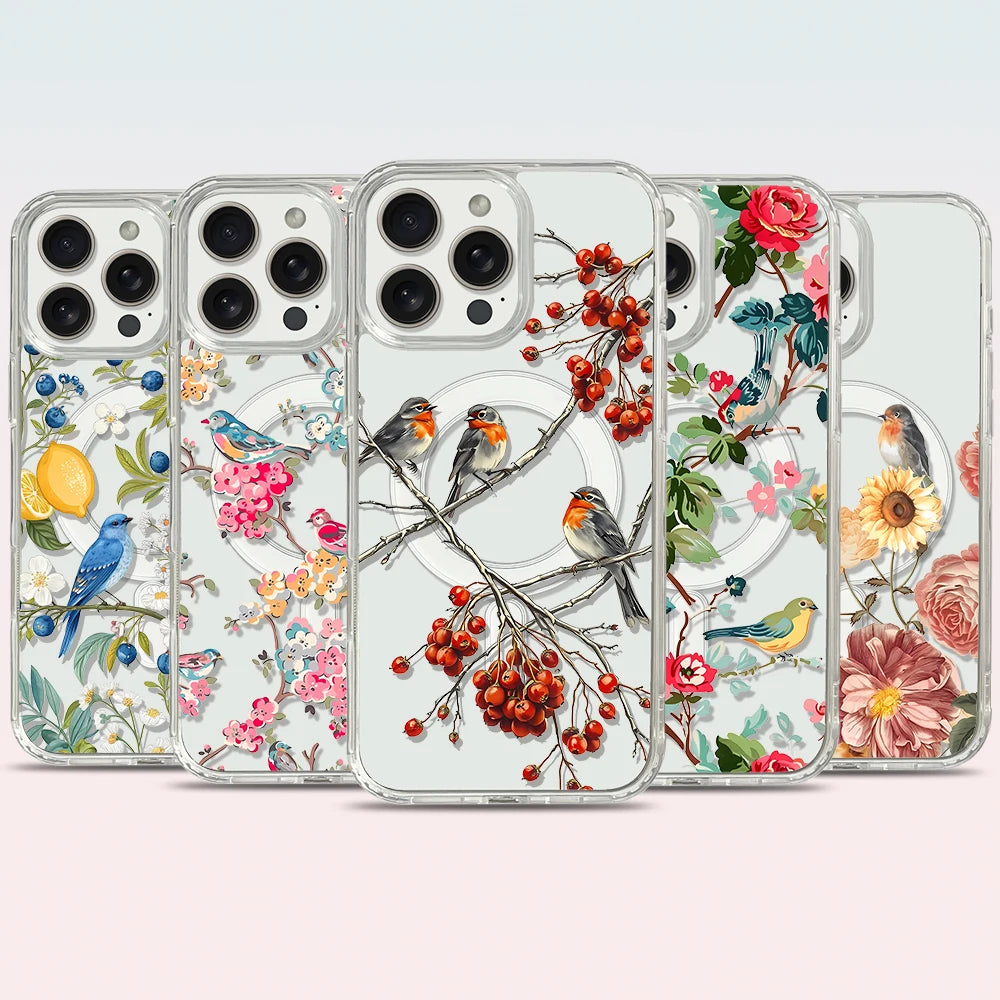 Flowers and Birds Magnetic Phone Case for iPhone 16 pro max 15 Plus 14 13 12 Mini Transparent Case