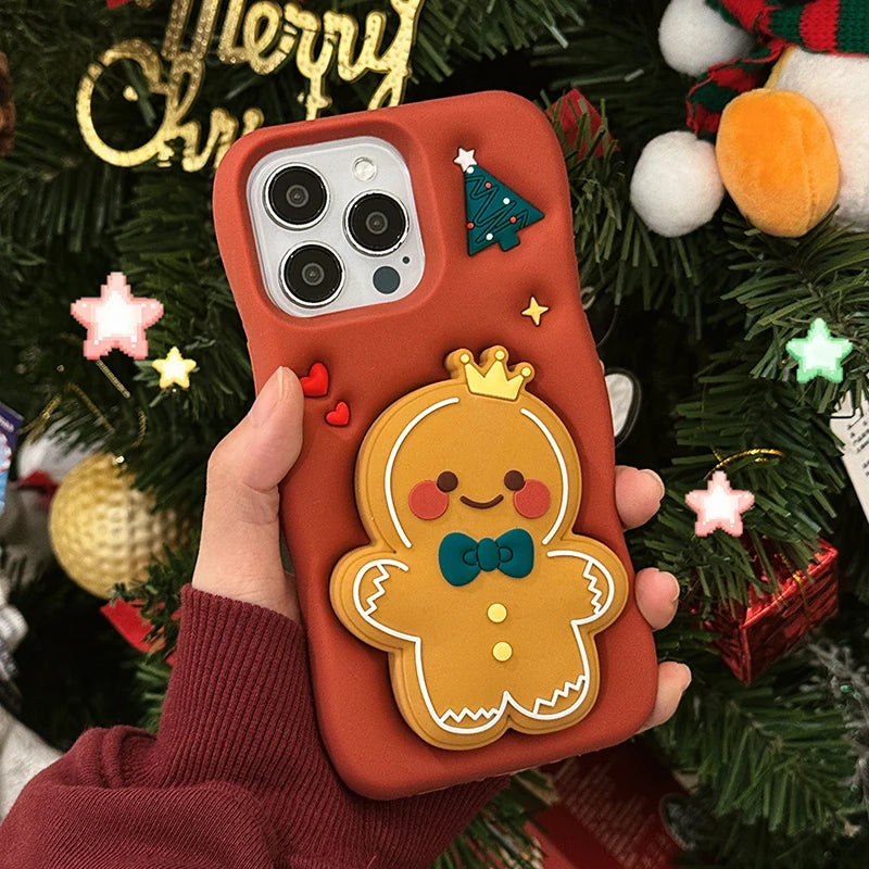 Red Christmas Gingerbread Man Folding Bracket Case For iPhone 11 12 13 15 16 Pro Max 14 Plus Soft Silicone 3D Holder Back Cover