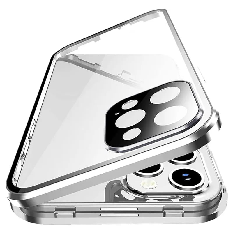 Magnetic Double Sided Tempered Glass Full Body Case for IPhone 15 14 13 12 Pro Max Plus Lens Protection Metal Bumper Cover