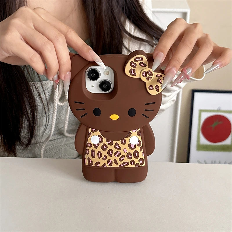 3D Cartoon Hello Kittty Phone Case for iPhone 16 Plus 15 14 13 12 Pro Max Sexy Leopard Print Bowknot Cases Soft Silicone Cover