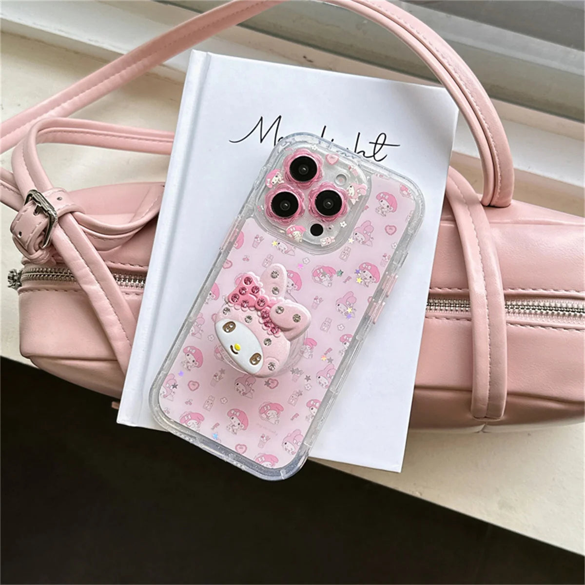 Cute Cartoon Pink Diamond Melody Magnetic Stand Case For iPhone 16 14 Pro 13 15 Pro Max Phone Cover For Magsafe Cases Funda
