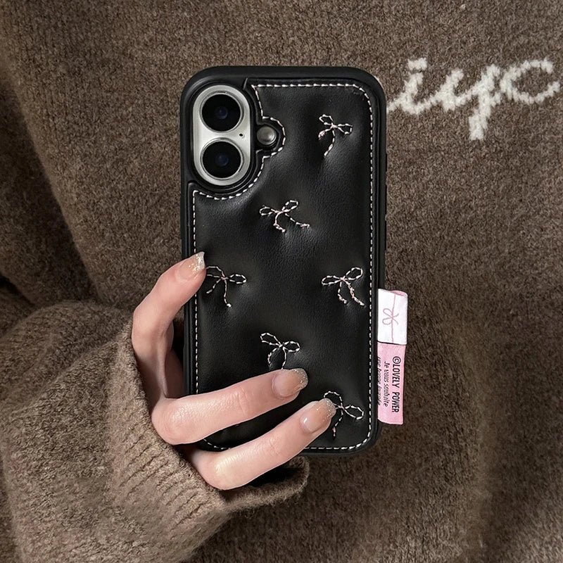 Luxury Stylish Embroidery Bowknot Leather Soft Phone Case For iphone 16 15 14 13 Pro Max Autumn Fashion Shockproof Back Cover