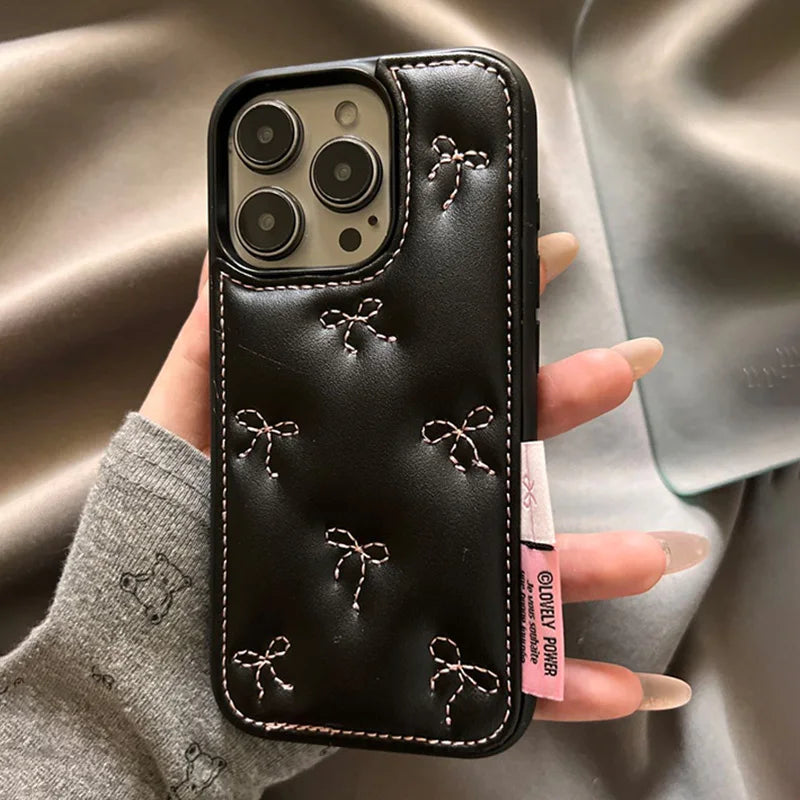Luxury Stylish Embroidery Bowknot Leather Soft Phone Case For iphone 16 15 14 13 Pro Max Autumn Fashion Shockproof Back Cover