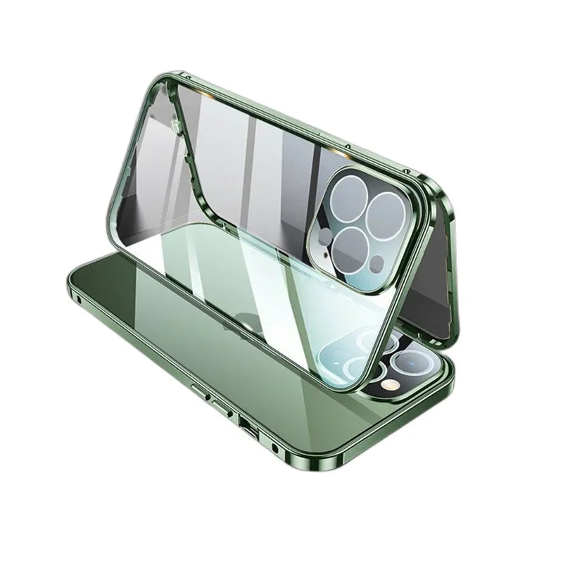 Magnetic Double Sided Tempered Glass Full Body Case for IPhone 15 14 13 12 Pro Max Plus Lens Protection Metal Bumper Cover