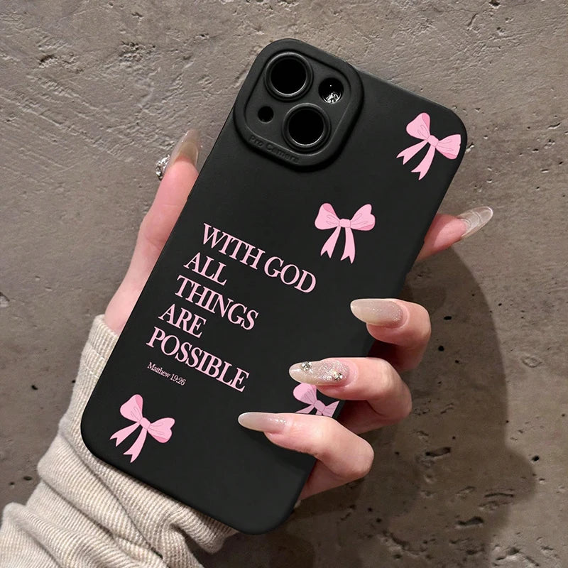 inimalist Pink Girly Bow Slogan Phone Case For iPhone 16 15 14 13 12 11 Pro Max 7 8 Plus SE XS X XR 2025 16E Soft Silicone Cover