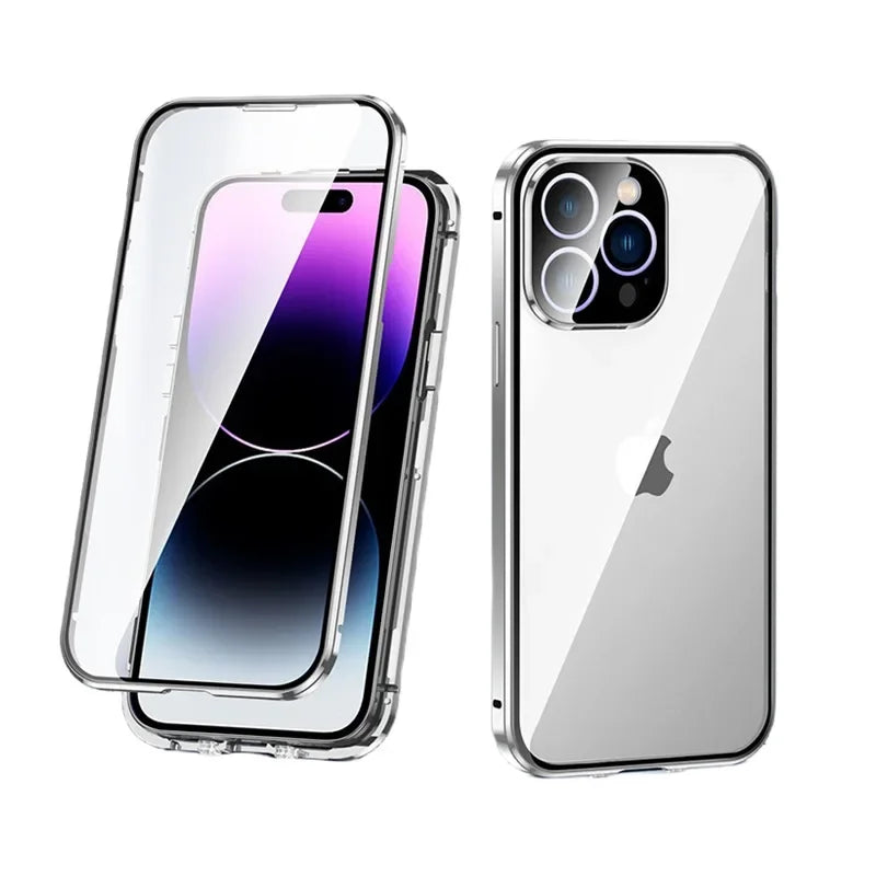 Magnetic Double Sided Tempered Glass Full Body Case for IPhone 15 14 13 12 Pro Max Plus Lens Protection Metal Bumper Cover