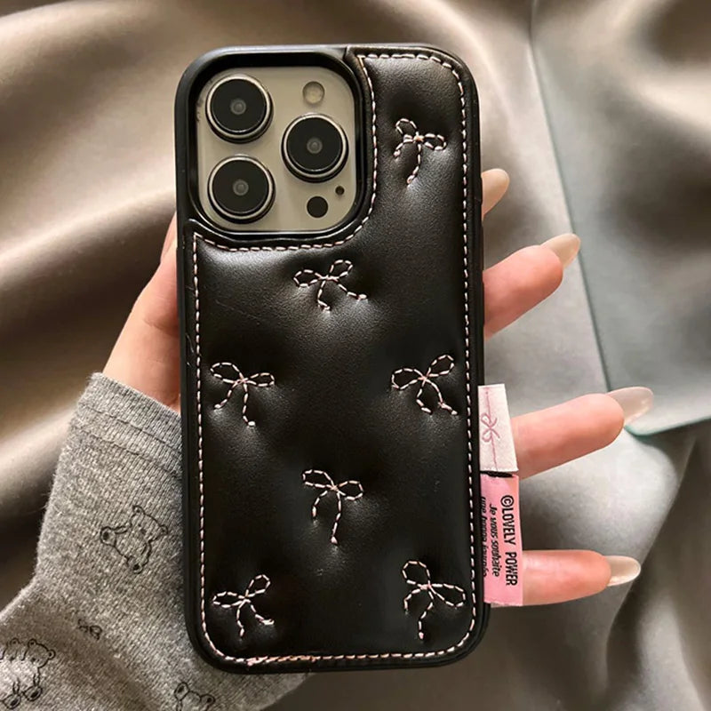 Luxury Stylish Embroidery Bowknot Leather Soft Phone Case For iphone 16 15 14 13 Pro Max Autumn Fashion Shockproof Back Cover