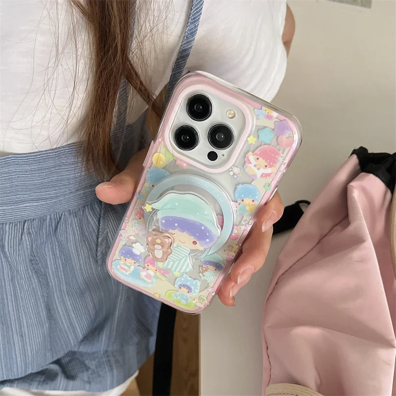 Kawaii Cartoon Magnetic Stand Phone Case For iPhone 16 Pro 15 14 13 Pro Max Cover for Magsafe Shockproof Silicone Cute Cases