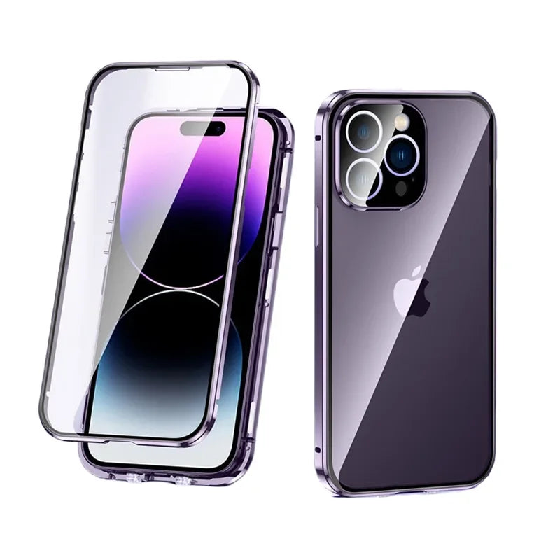 Magnetic Double Sided Tempered Glass Full Body Case for IPhone 15 14 13 12 Pro Max Plus Lens Protection Metal Bumper Cover