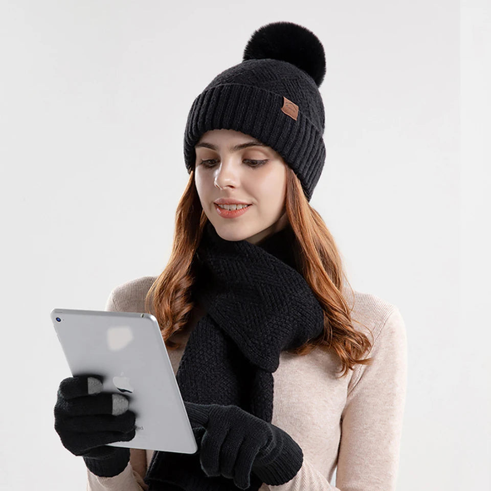 3Pcs/set Winter Beanie Hat Scarf Gloves Set